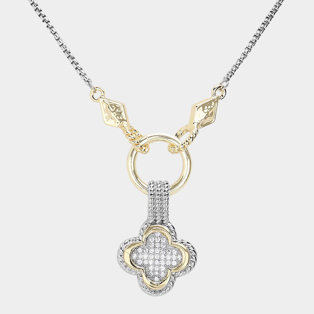 Madeline Love Two Tone 14K Gold Plated Two Tone CZ Stone Paved Quatrefoil Pendant Necklace - Jewelry