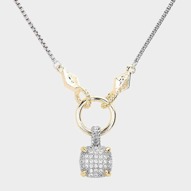Madeline Love Two Tone 14K Gold Plated Two Tone CZ Stone Paved Square Pendant Necklace - Jewelry