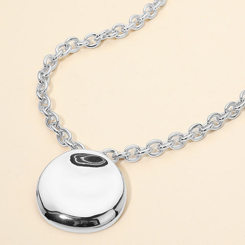 Polished Metal Organic Round Pendant Chunky Chain Necklace - Rhodium