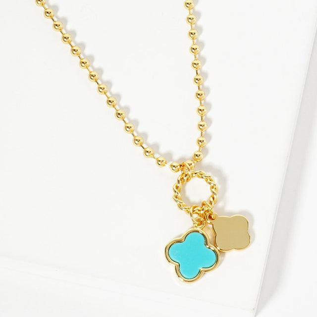 Madeline Love Gold, Turquoise Gold Dipped Double Quatrefoil Pendant Bubble Chain Necklace - Jewelry