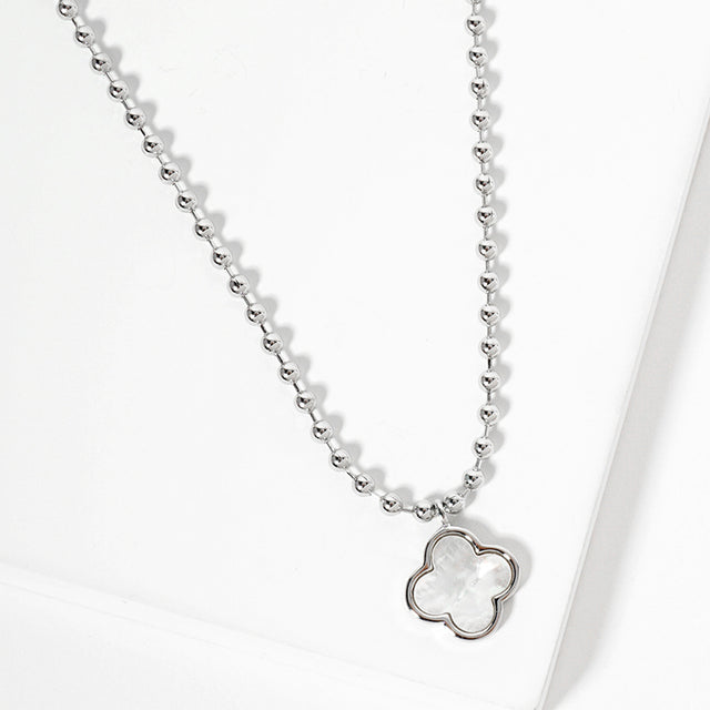 Madeline Love Rhodium, White White Gold Dipped Mother Of Pearl Quatrefoil Pendant Bubble Chain Necklace - Jewelry