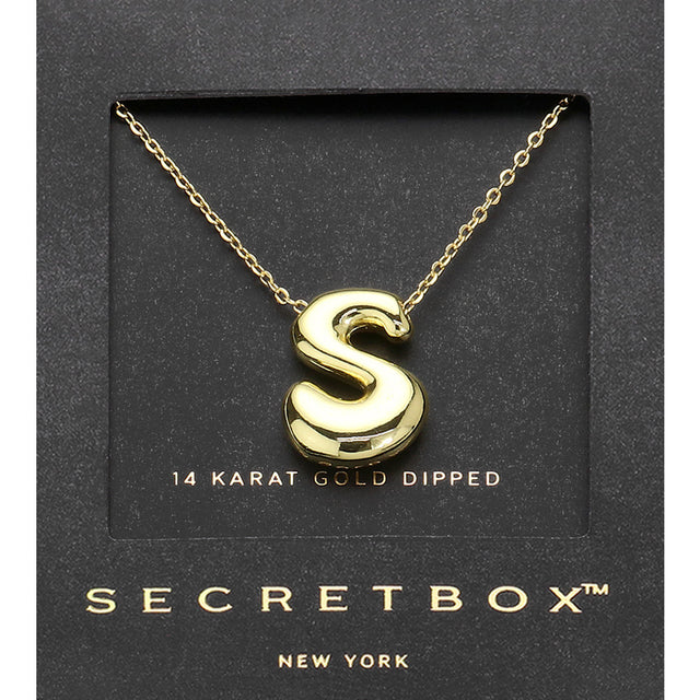 Madeline Love Gold SECRET BOX_ -S- 14K Gold Dipped Bubble Initial Monogram Pendant Necklace - Jewelry