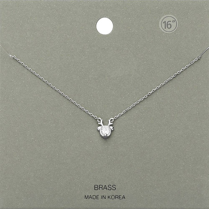 Clear Rhodium, Stone Brass Metal Rudolph Pendant Necklace
