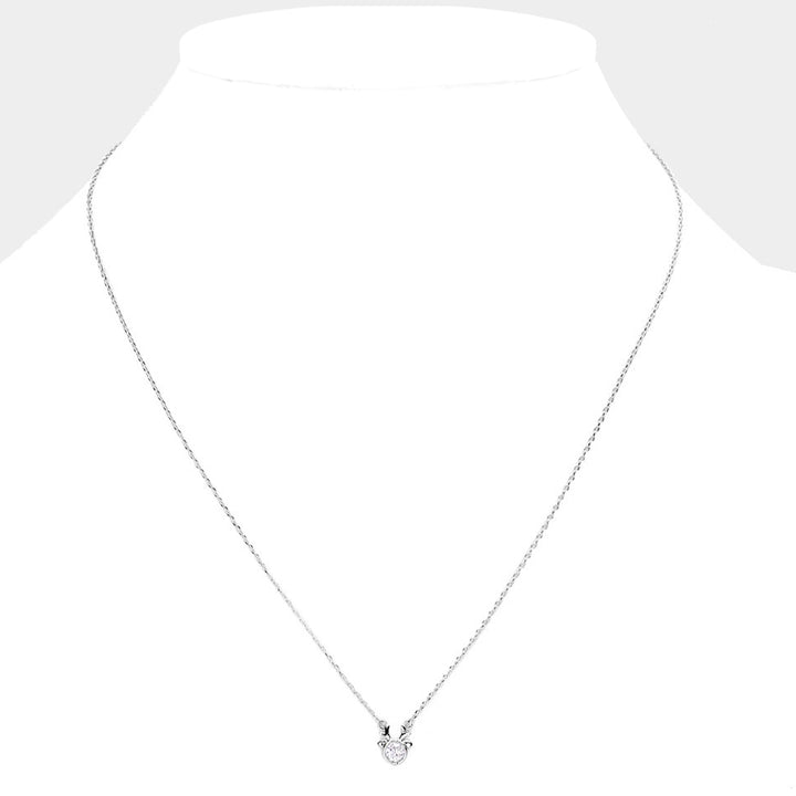 Clear Rhodium, Stone Brass Metal Rudolph Pendant Necklace