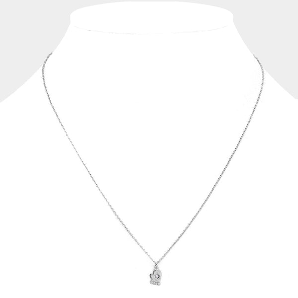 Clear Worn Silver, Rhinestone Center Brass Metal Glove Pendant Necklace
