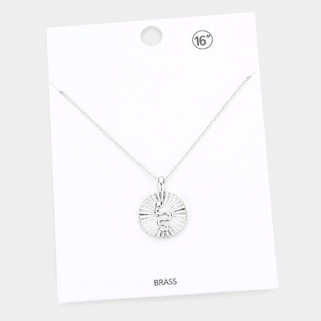 Madeline Love Rhodium Snake Accented Textured Brass Metal Round Pendant Necklace - Necklaces