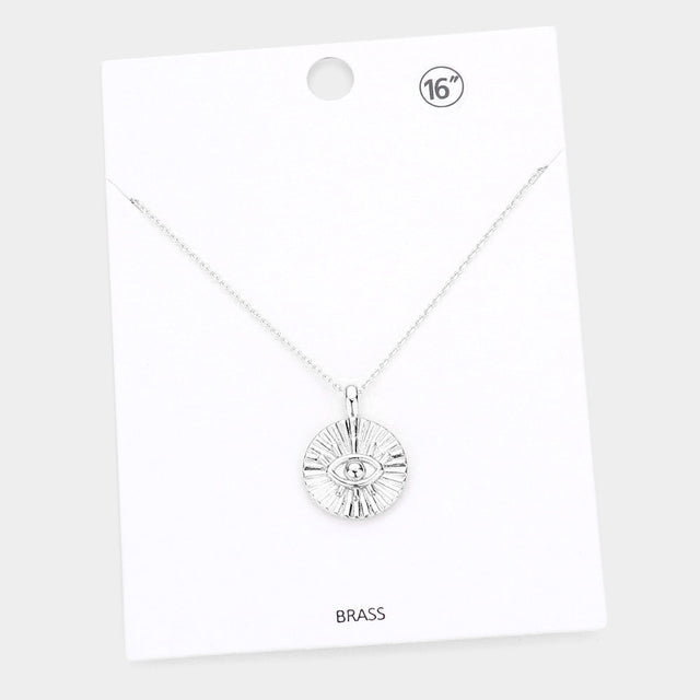 Madeline Love Rhodium Evil Eye Accented Textured Brass Metal Round Pendant Necklace - Necklaces
