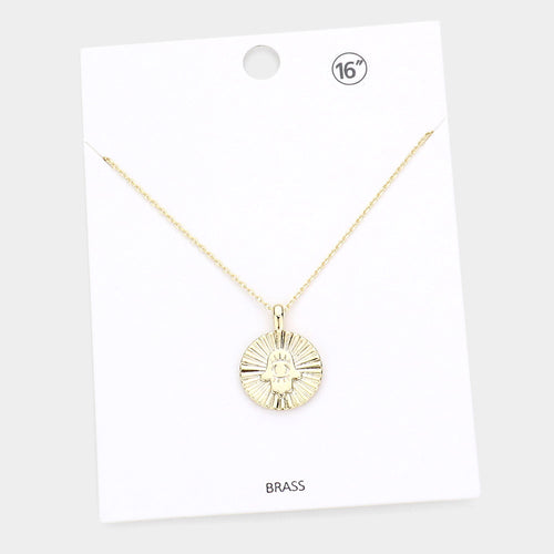 Hamsa Hand Evil Eye Accented Textured Brass Metal Round Pendant Necklace - Gold
