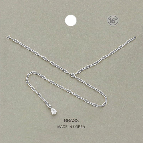 Brass Metal Teardrop Stone Pendant Y Necklace - Rhodium