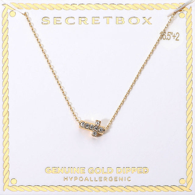 Madeline Love Gold SECRET BOX_Genuine Gold Dipped Hypoallergenic Stone Paved Cross Pendant Necklace - Jewelry