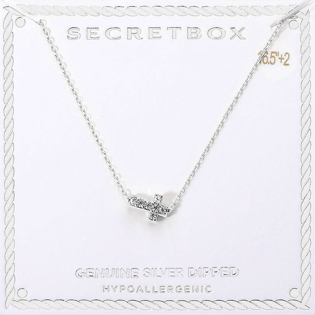 Madeline Love Silver SECRET BOX_Genuine Silver Dipped Hypoallergenic Stone Paved Cross Pendant Necklace - Jewelry