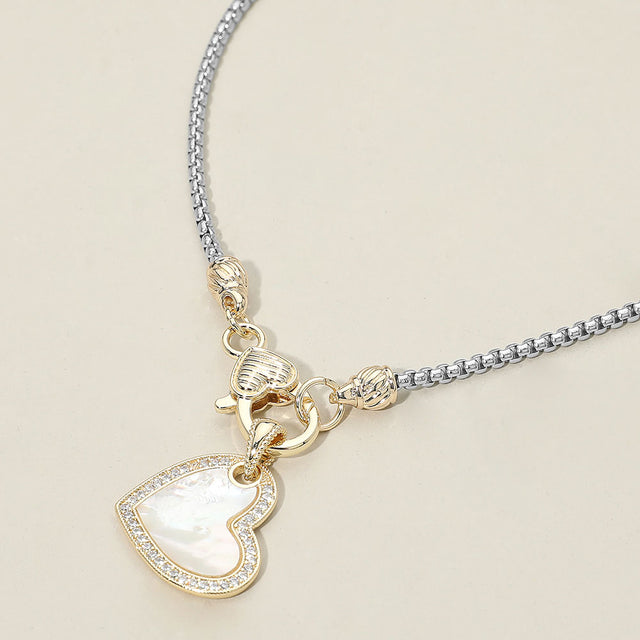 Madeline Love Mother of Pearl, Two Tone 14K Gold Plated Two Tone CZ Stone Paved Mother of Pearl Heart Pendant Necklace - Jewelry
