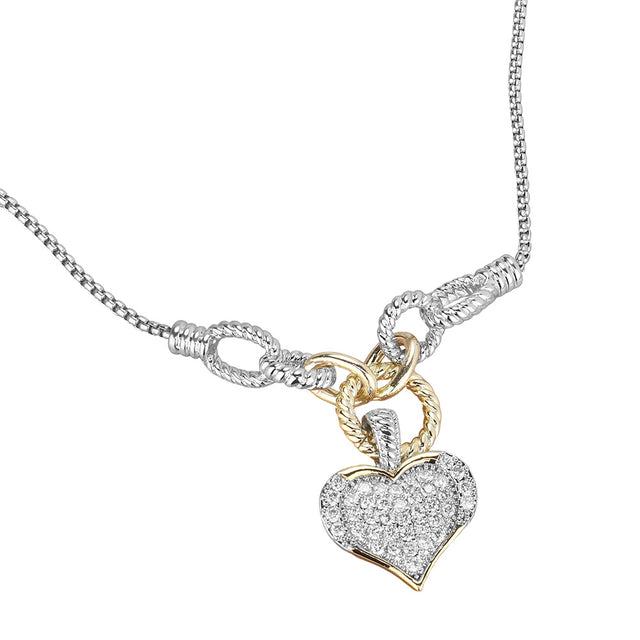 14K Gold Plated Two Tone CZ Stone Paved Heart Pendant Necklace - Two Tone - Necklaces