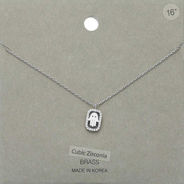 Madeline Love Clear, Rhodium CZ Embellished Brass Metal Hamsa Hand Pendant Necklace - Necklaces
