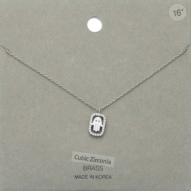 Madeline Love Clear, Rhodium CZ Embellished Brass Metal Hamsa Hand Pendant Necklace - Necklaces
