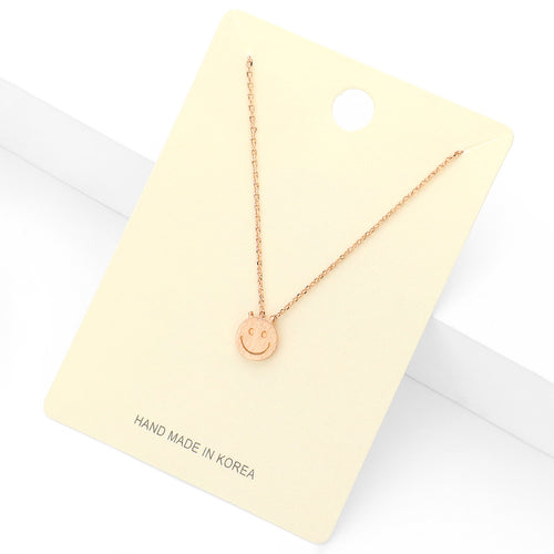 Textured Matte Metal Smile Face Pendant Necklace - Rose Gold