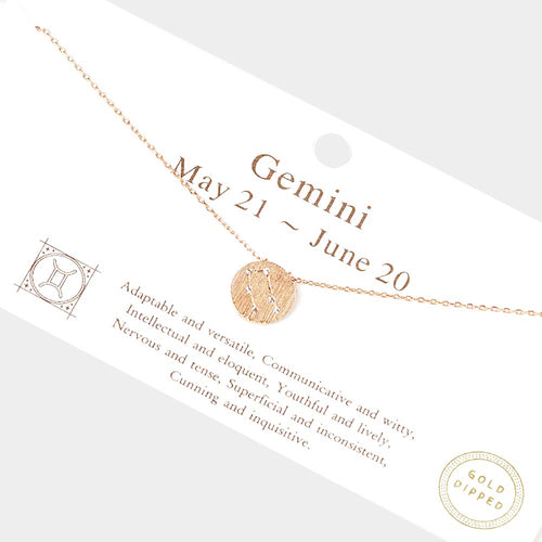 Gemini Gold Dipped CZ Zodiac Sign Metal Disc Pendant Necklace - Rose Gold