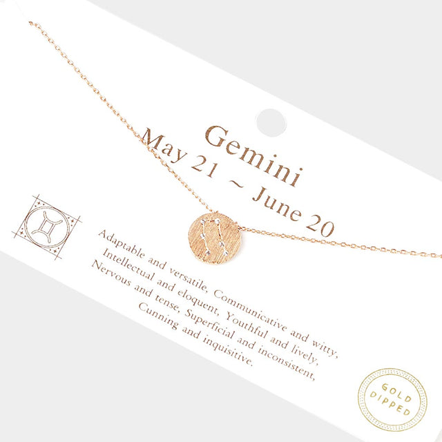 Madeline Love Rose Gold Gemini Gold Dipped CZ Zodiac Sign Metal Disc Pendant Necklace - Jewelry