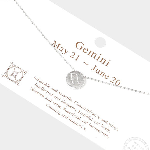 Gemini White Gold Dipped CZ Zodiac Sign Metal Disc Pendant Necklace - Rhodium