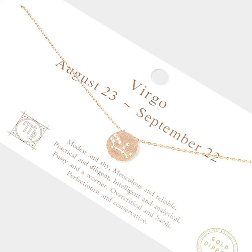 Virgo Gold Dipped CZ Zodiac Sign Metal Disc Pendant Necklace - Rose Gold