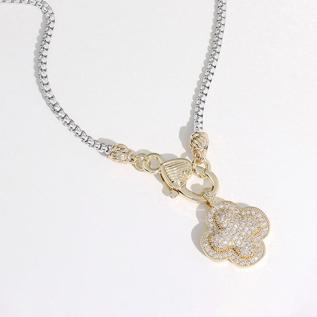 Madeline Love Two Tone 14K Gold Plated CZ Stone Paved Quatrefoil Pendant Necklace