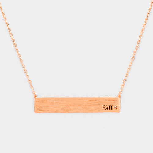 Faith _ Brass Metal Rectangular Pendant Necklace - Rose Gold