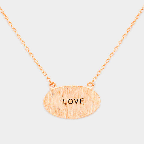 "Love" Brass Oval Metal Pendant Necklace - Rose Gold