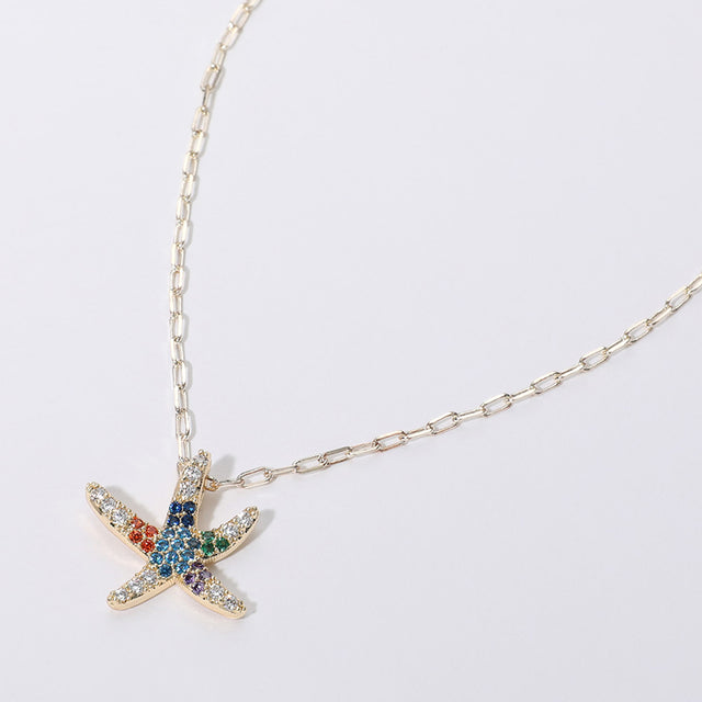 Gold 14K Gold Plated CZ Stone Paved Starfish Pendant Necklace