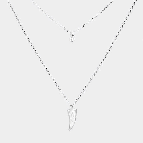 Layered Brass Cubic Zirconia Metal Horn Pendants Necklace - Clear, Rhodium