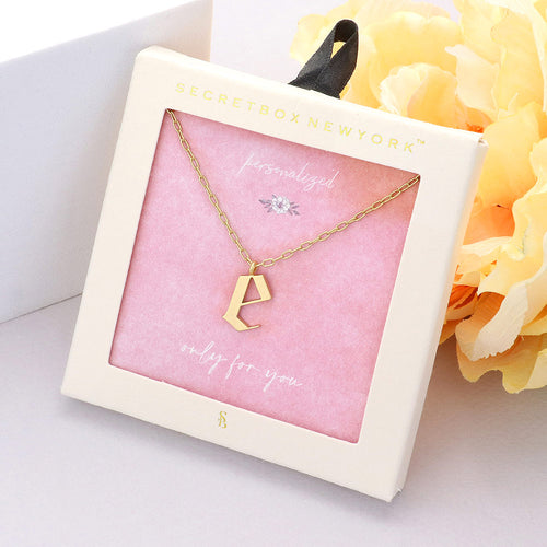 Secret Box -E- Initial Monogram Metal Pendant Necklace - Worn Gold