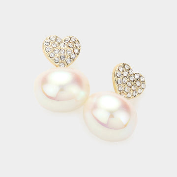Stone Paved Heart Pearl Dangle Earrings - Cream Gold - Earrings
