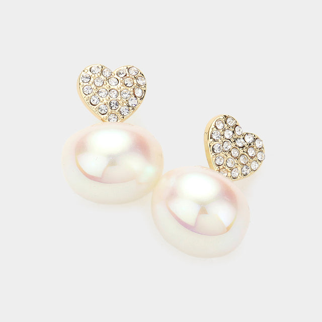 Stone Paved Heart Pearl Dangle Earrings - Cream Gold - Earrings