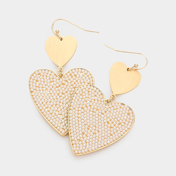 Pearl Paved Heart Dangle Earrings