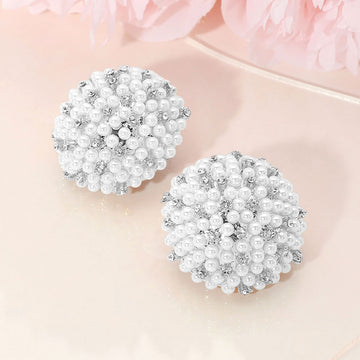 Madeline Love Silver, White Beaded Pearl Rhinestone Embellished Dome Earrings