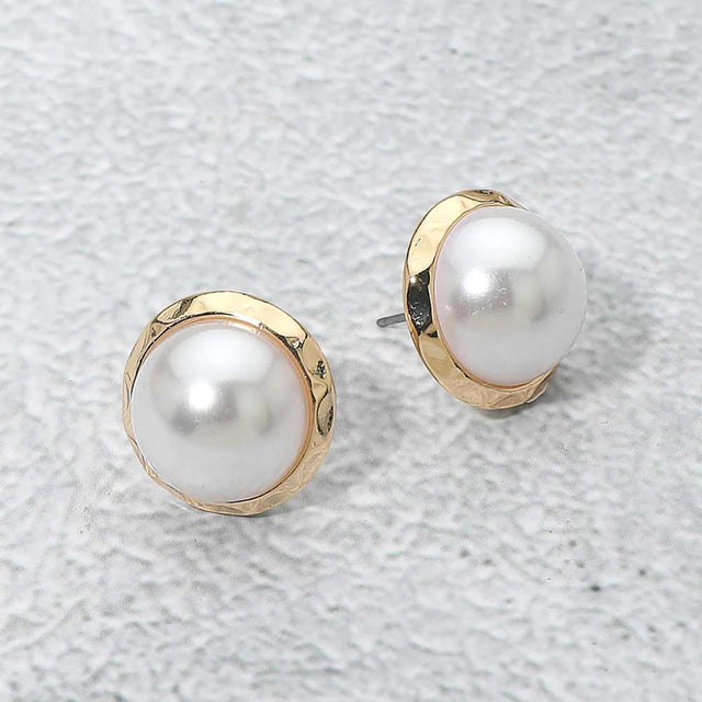 Madeline Love Gold Hammered Frame Pearl Stud Earring - Earrings
