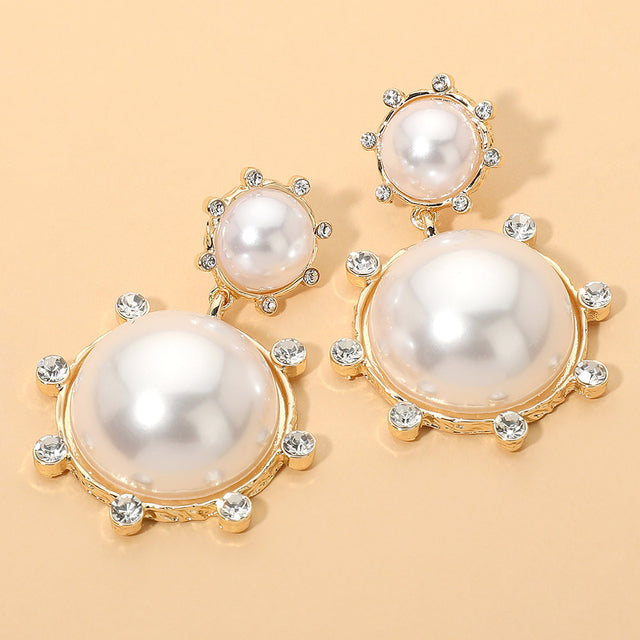 Madeline Love Cream, Gold Bold Rhinestone Trim Double Pearl Link Drop Statement Earrings