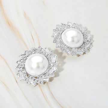 Madeline Love Rhodium Pearl Accent Crystal Halo Sunburst Rim Earrings