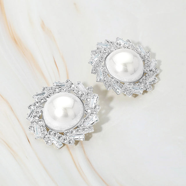 Madeline Love Rhodium Pearl Accent Crystal Halo Sunburst Rim Earrings
