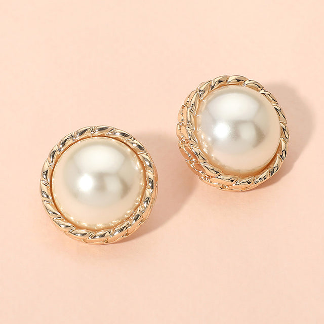 Madeline Love Cream, Gold Textured Frame Classic Pearl Stud Earrings