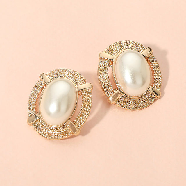 Madeline Love Cream, Gold Textured Frame Oval Pearl Stud Earrings