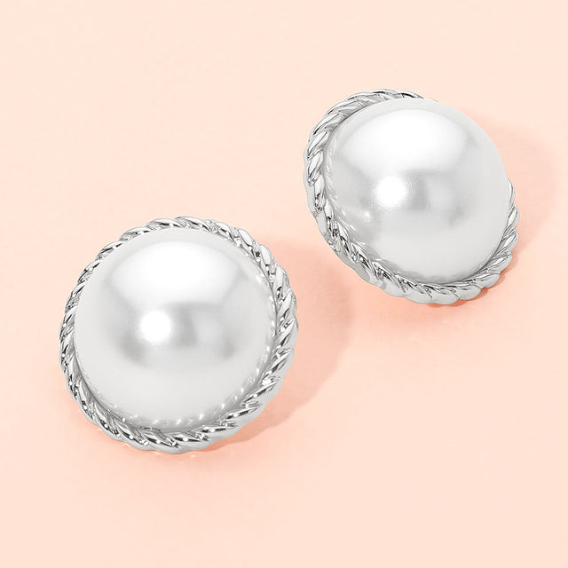 Madeline Love Rhodium, White Bold Classic Dome Pearl Earrings