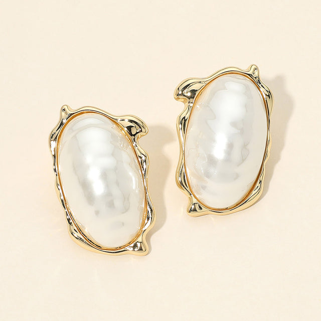 Madeline Love Gold Oversized Organic Sculptural Frame Oval Pearl Statement Earrings