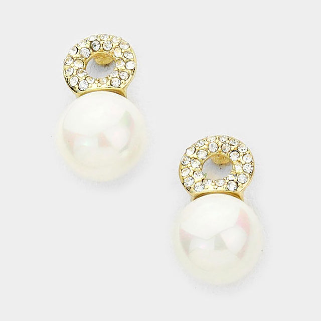 Madeline Love Cream, Gold Crystal Pearl Drop Stud Earrings