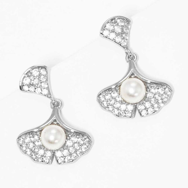 Madeline Love Rhodium, White Pearl Accented CZ White Gold Dipped Ginkgo Leaf Dangle Earrings