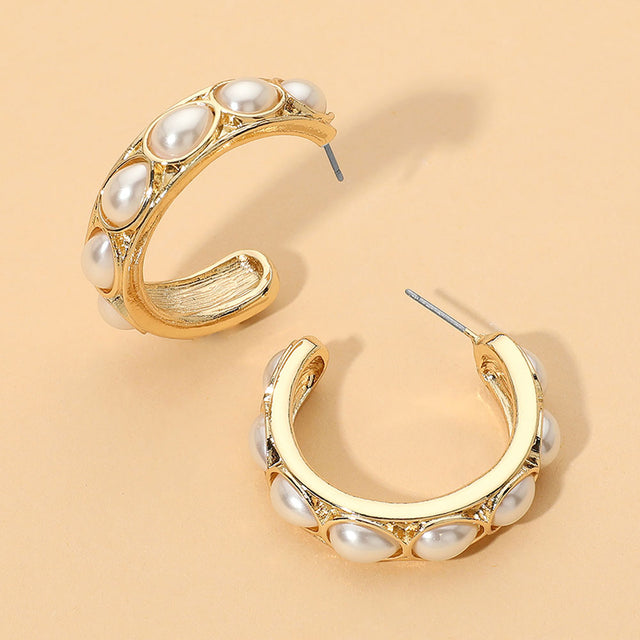 Madeline Love Cream, Gold Oval Pearl Accent Chunky Hoop Earrings