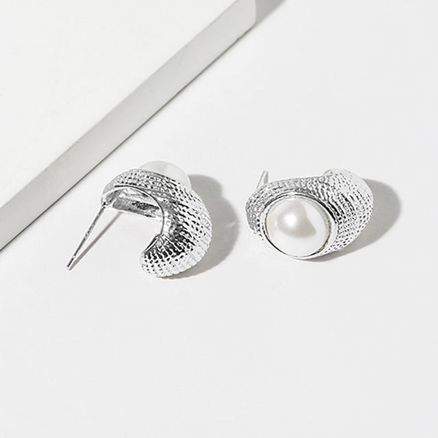 Madeline Love Rhodium, White White Gold Dipped Pearl Accent Textured Crescent Hoop Earrings