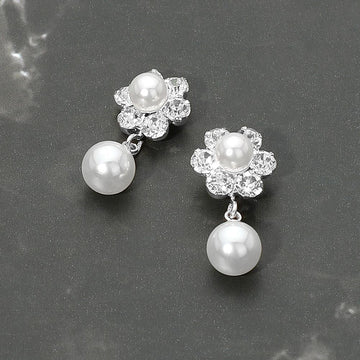 Madeline Love Silver, White Floral Pearl Drop Evening Earrings