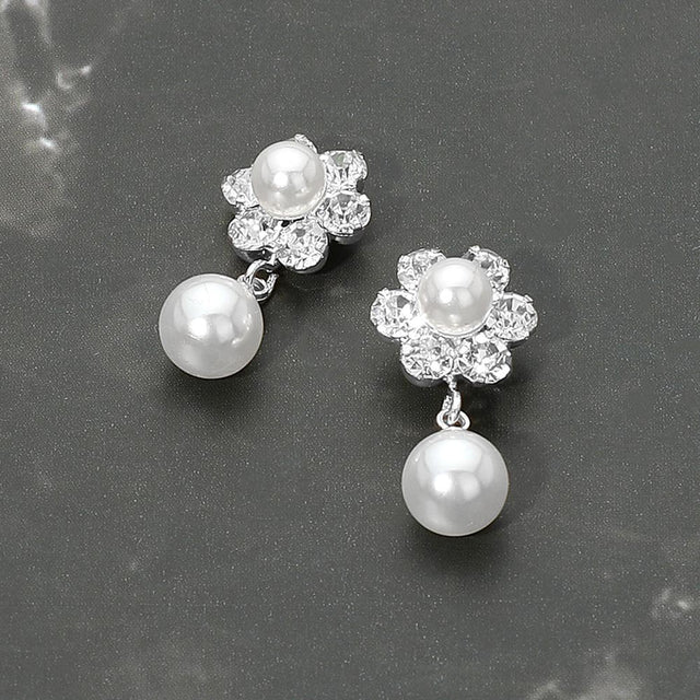 Madeline Love Silver, White Floral Pearl Drop Evening Earrings