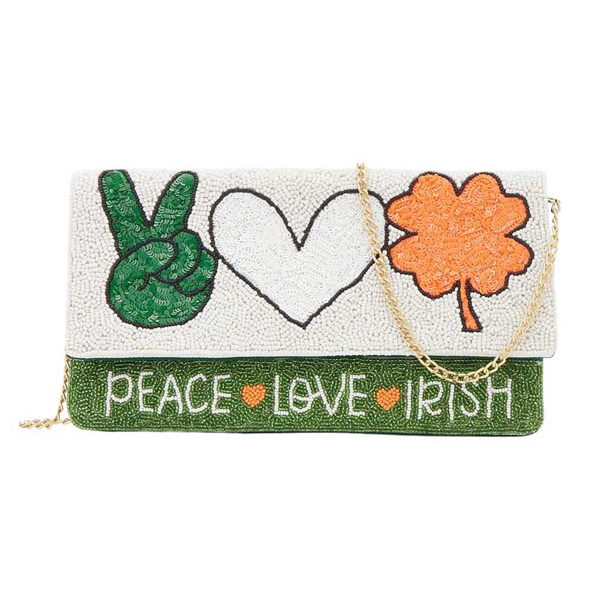 PEACE LOVE IRISH Message Sequin Beaded Clutch Crossbody Bag