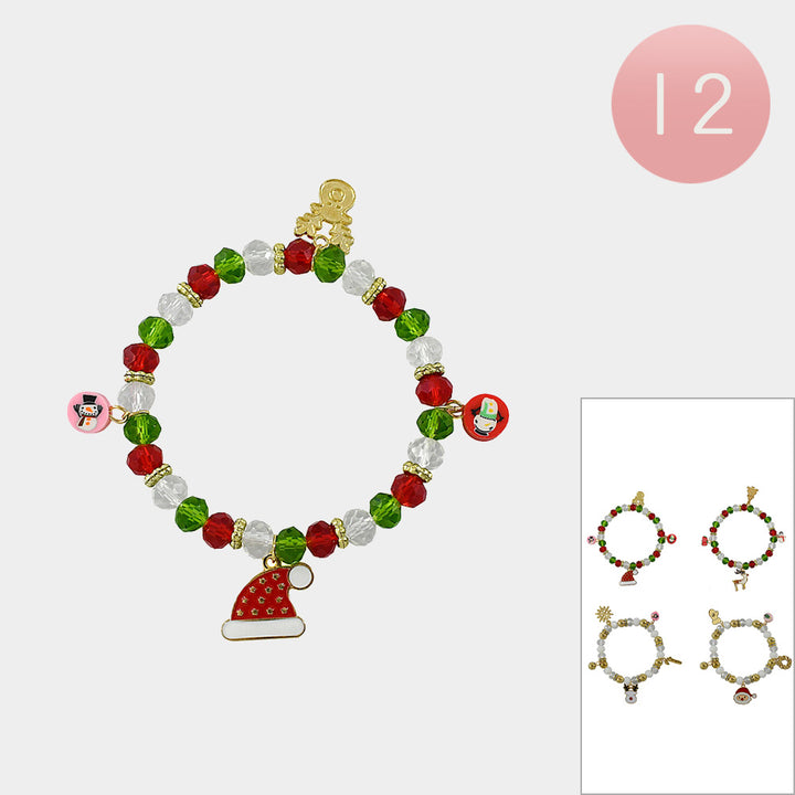 Assorted 12PCS - Christmas Charm Beaded Stretch Bracelets